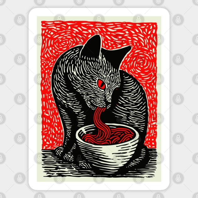 Tonkotsu Cat - Ramen Lover Linocut Sticker by TuncGK